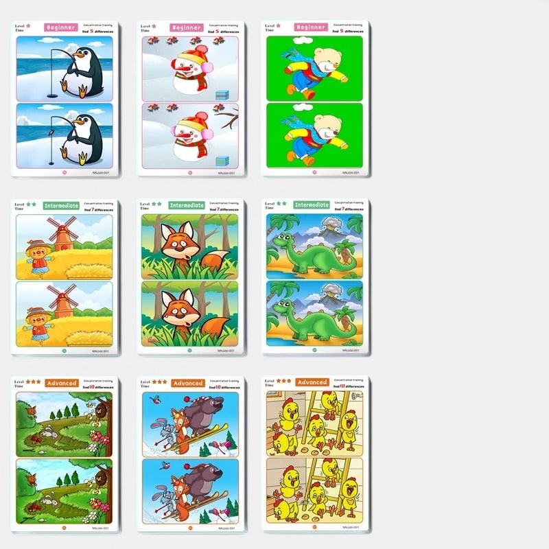 Jeu éducatif Petit Éveil Montessori pour enfants : cartes réutilisables pour trouver les différences et se concentrer.