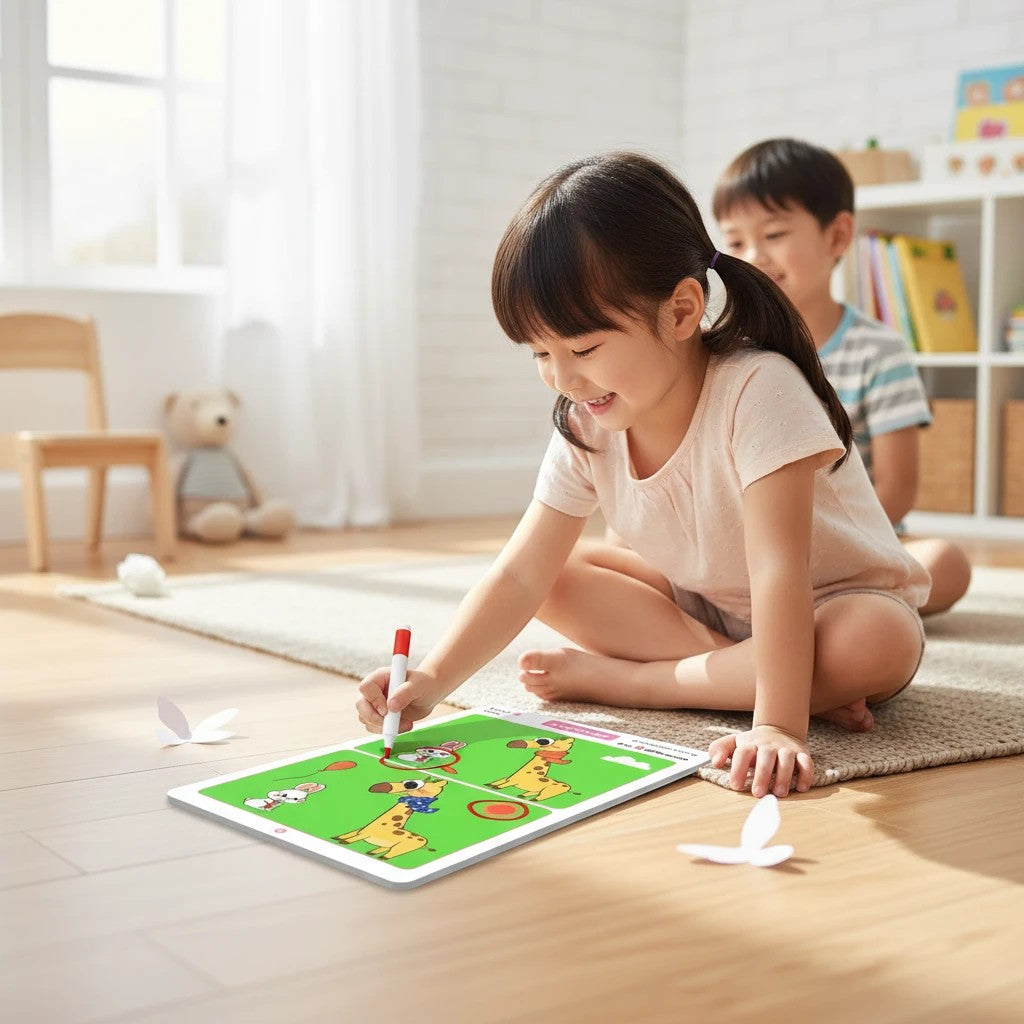 Enfants jouant avec le jeu éducatif Petit Éveil Montessori pour trouver les différences sur une tablette effaçable.