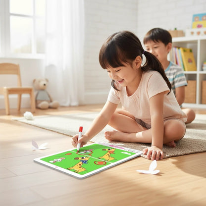 Enfants jouant avec le jeu éducatif Petit Éveil Montessori pour trouver les différences sur une tablette effaçable.