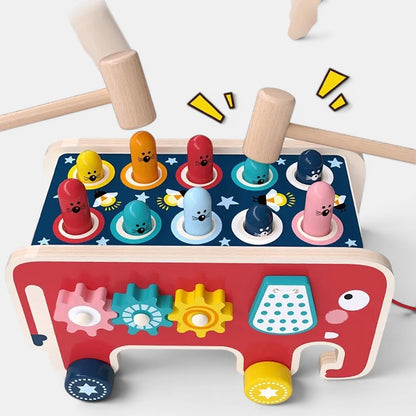 Jeu en bois Petit Éveil Montessori, éléphant à marteler avec 8 taupes colorées, engrenages et roues.