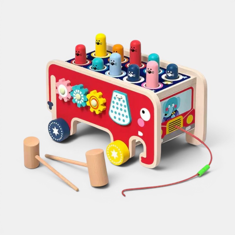 Jeu en bois Petit Éveil Montessori, éléphant rouge avec des personnages colorés à marteler et des engrenages.
