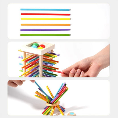 Petit Éveil Montessori : jeu d'équilibre en bois avec bâtonnets colorés et balles pour le comptage et la motricité.