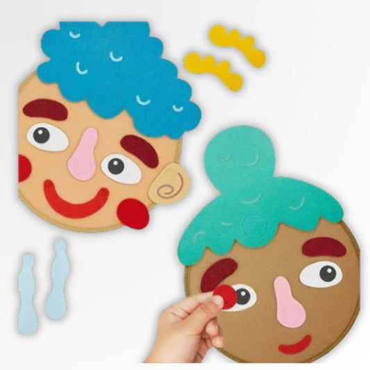 Jeu d'expression Montessori Petit Éveil Montessori en feutrine pour apprendre les émotions. Visages colorés et accessoires.