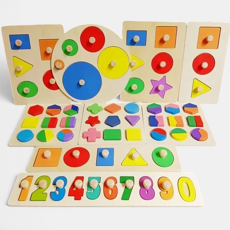 Jeu de tri et formes géométriques en bois Montessori Petit Éveil Montessori, multicolore, pour apprendre les formes et les chiffres.
