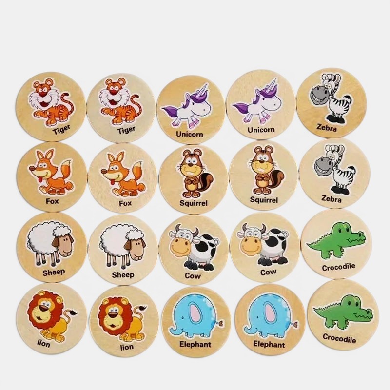 Petit Éveil Montessori, jeu de mémoire en bois avec des animaux : tigre, renard, licorne, zèbre, écureuil, mouton, vache, crocodile, lion, éléphant.