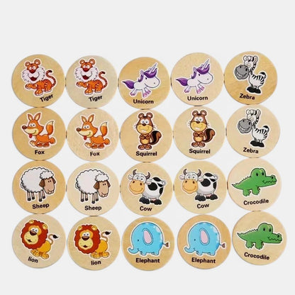 Petit Éveil Montessori, jeu de mémoire en bois avec des animaux : tigre, renard, licorne, zèbre, écureuil, mouton, vache, crocodile, lion, éléphant.