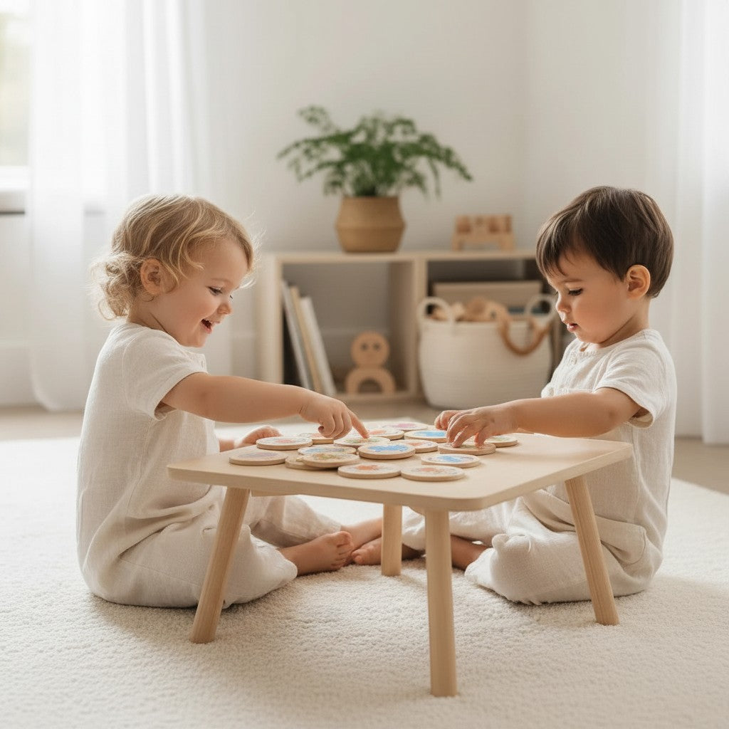 Petit Éveil Montessori, jeu de mémoire en bois éducatif pour enfants, avec des cartes illustrées d'animaux.