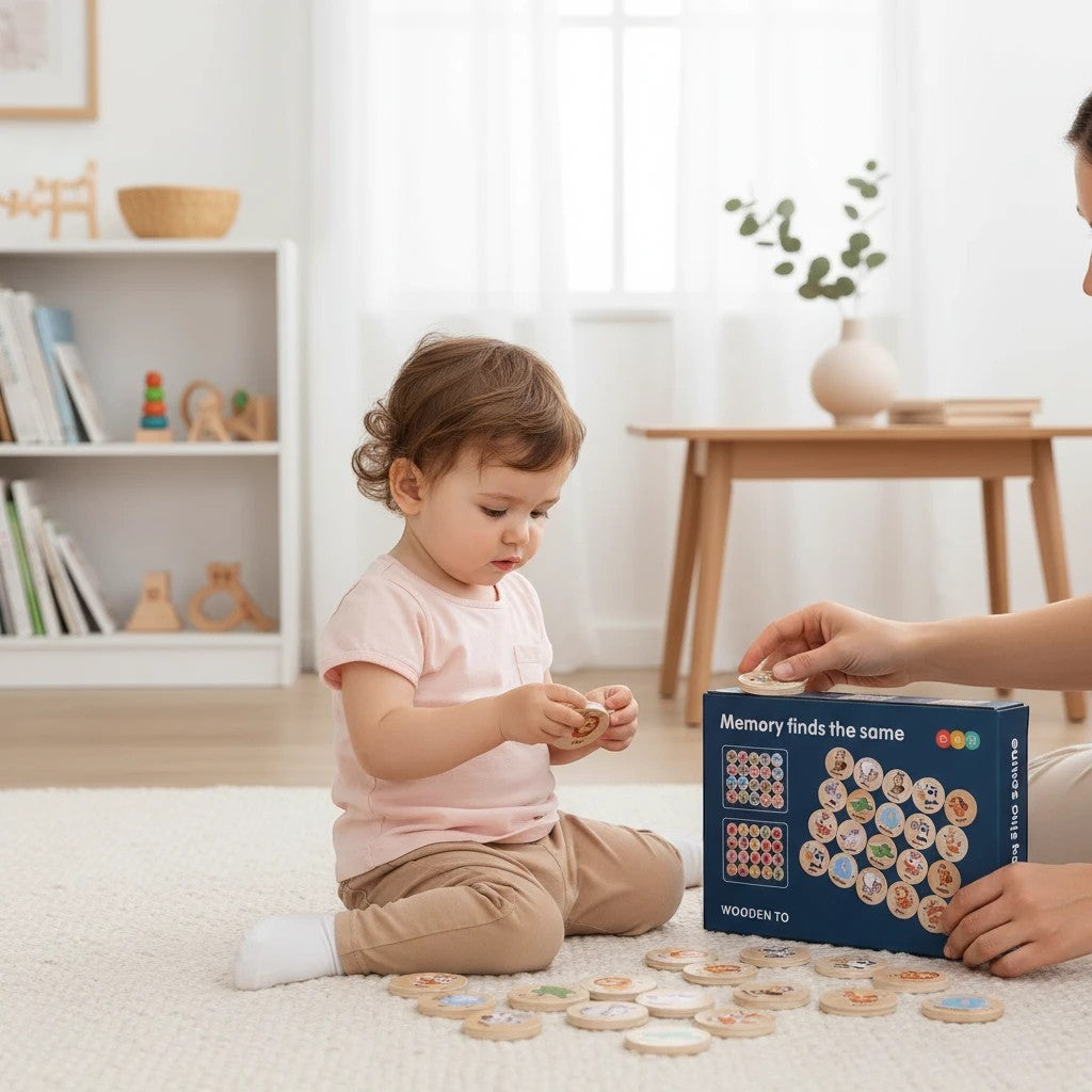 Petit Éveil Montessori, jeu de mémoire en bois pour enfants, avec des jetons illustrés d'animaux et de formes.