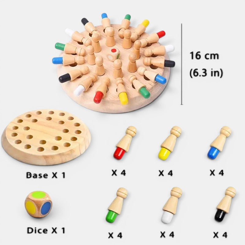 Jeu de mémoire en bois Petit Éveil Montessori avec pions colorés, base et dé. Idéal pour développer la concentration.