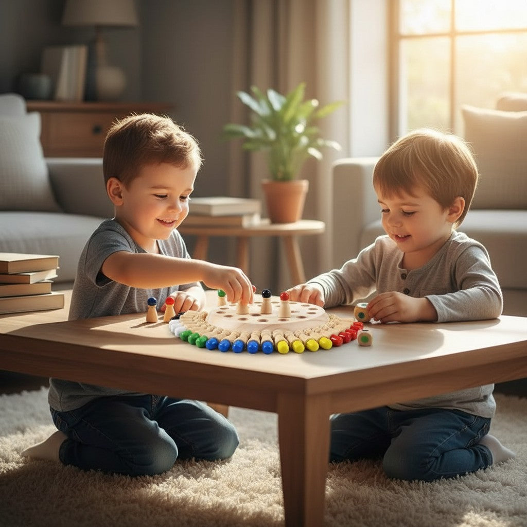 Jeu de mémoire en bois Petit Éveil Montessori avec pions colorés (rouge, bleu, jaune, vert, blanc, noir) et plateau rond perforé.