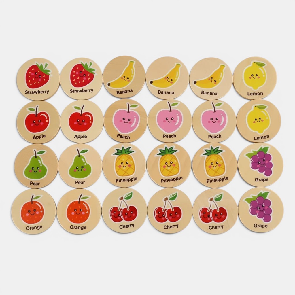 Petit Éveil Montessori, jeu de mémoire en bois avec des fruits colorés : fraises, bananes, pommes, pêches, poires, ananas, citrons, oranges, cerises et raisins.