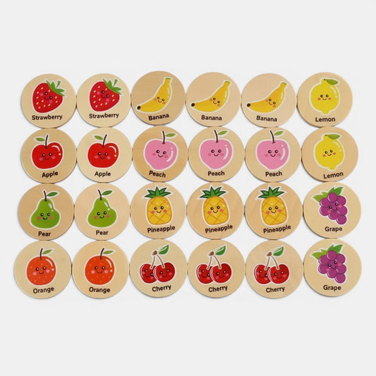 Petit Éveil Montessori, jeu de mémoire en bois avec des fruits colorés : fraises, bananes, pommes, pêches, poires, ananas, citrons, oranges, cerises et raisins.