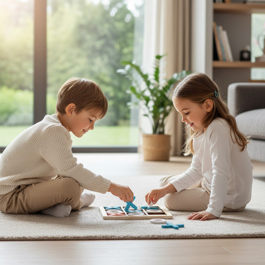 Petit Éveil Montessori jeu de morpion en bois naturel avec des pions bleus et blancs.