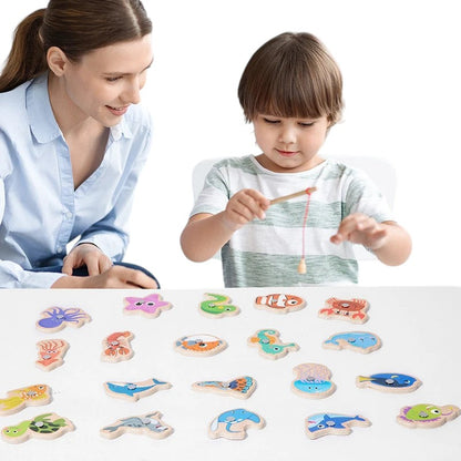 Petit Éveil Montessori : jeu de pêche magnétique en bois avec 20 pièces d'animaux marins colorés pour enfants.
