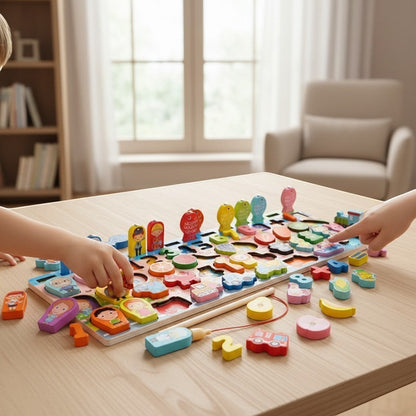 Jeu de pêche magnétique Montessori en bois avec chiffres, fruits, animaux et personnages colorés. Idéal pour l'apprentissage.