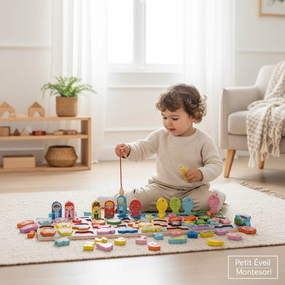 Petit Éveil Montessori : jeu de pêche magnétique en bois avec des personnages et des poissons colorés pour développer la logique.
