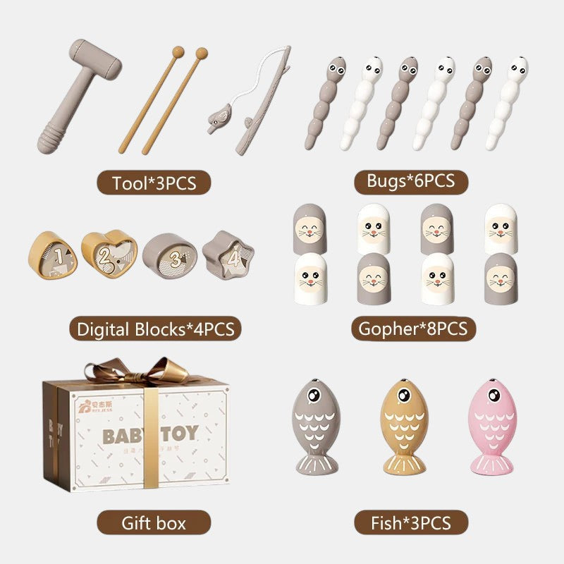 Petit Éveil Montessori : jeu de pêche magnétique avec hibou, vers, gophers et blocs numériques pour l'apprentissage sensoriel.