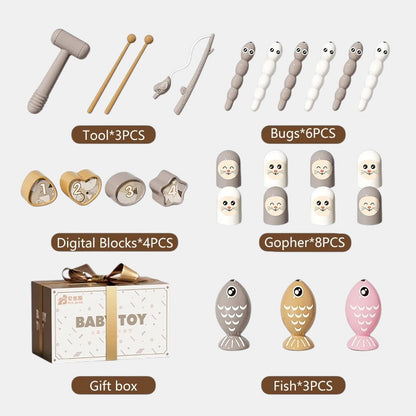 Petit Éveil Montessori : jeu de pêche magnétique avec hibou, vers, gophers et blocs numériques pour l'apprentissage sensoriel.