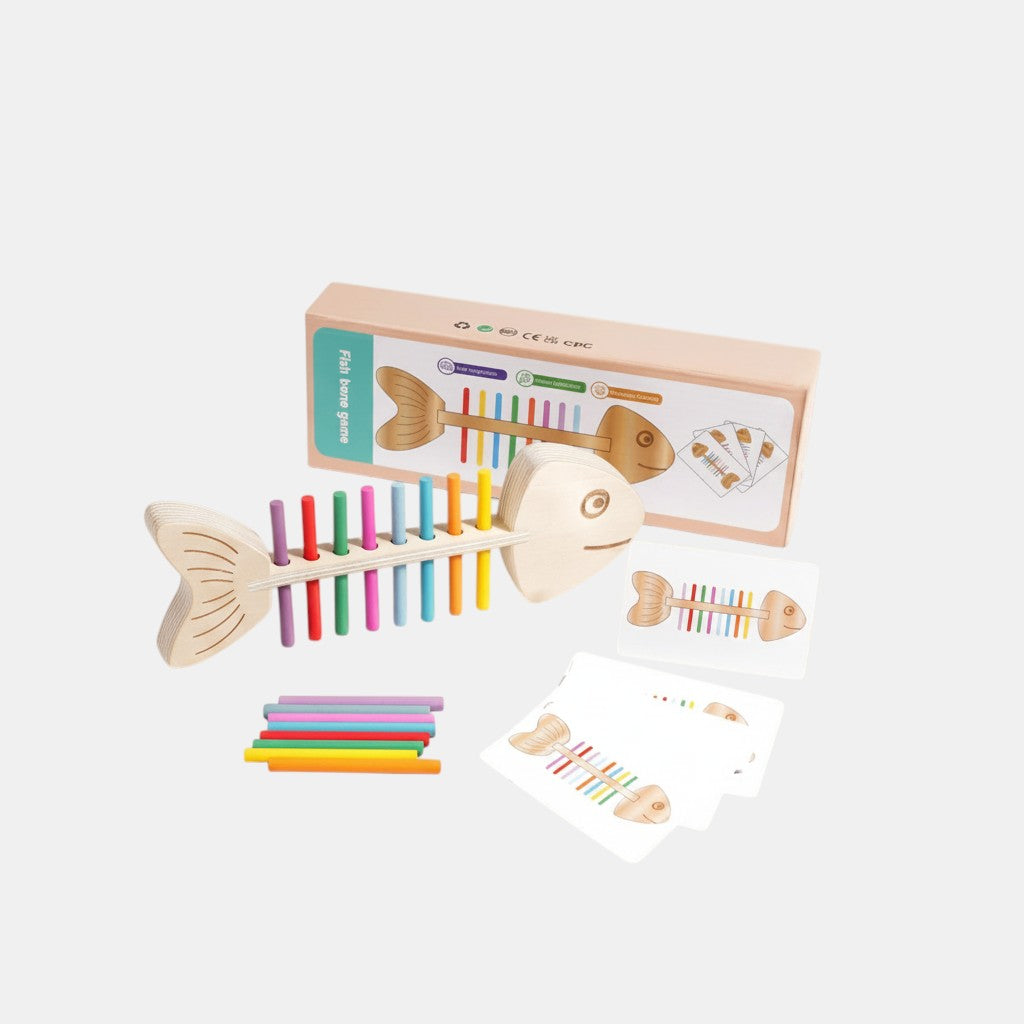 Petit Éveil Montessori, jeu d'équilibre en bois en forme d'arête de poisson avec des bâtonnets colorés pour l'éveil sensoriel et la motricité.