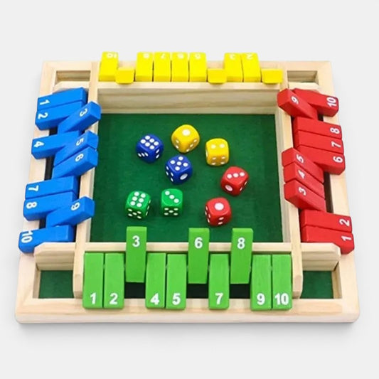 Jeu de société en bois Petit Éveil Montessori avec dés colorés et blocs numérotés pour l'apprentissage des chiffres.