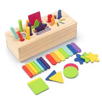 Jeu éducatif Montessori en bois Petit Éveil Montessori, boîte de tri avec blocs colorés et formes géométriques pour développer la motricité.