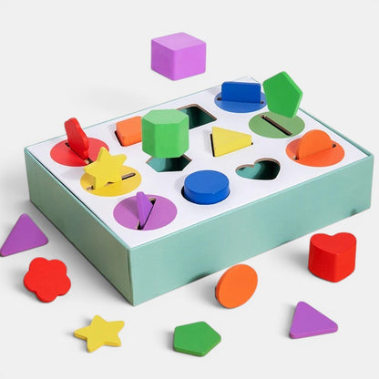 Jeu éducatif Montessori en bois Petit Éveil Montessori, boîte de tri avec blocs colorés et formes géométriques pour développer la motricité.