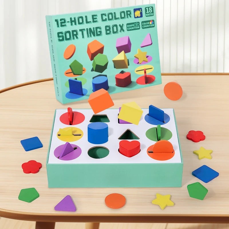 Jeu éducatif Montessori en bois Petit Éveil Montessori, boîte de tri avec blocs colorés et formes géométriques pour développer la motricité.