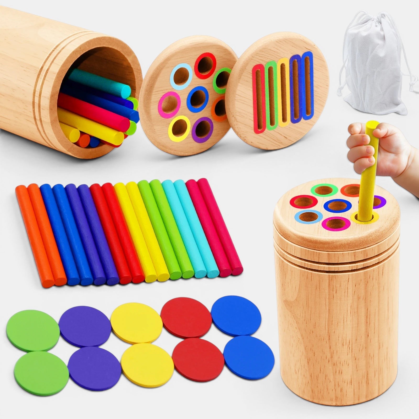 Petit Éveil Montessori, jeu de tri des couleurs en bois pour enfants, avec bâtonnets et disques multicolores.