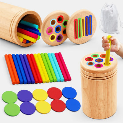 Petit Éveil Montessori, jeu de tri des couleurs en bois pour enfants, avec bâtonnets et disques multicolores.