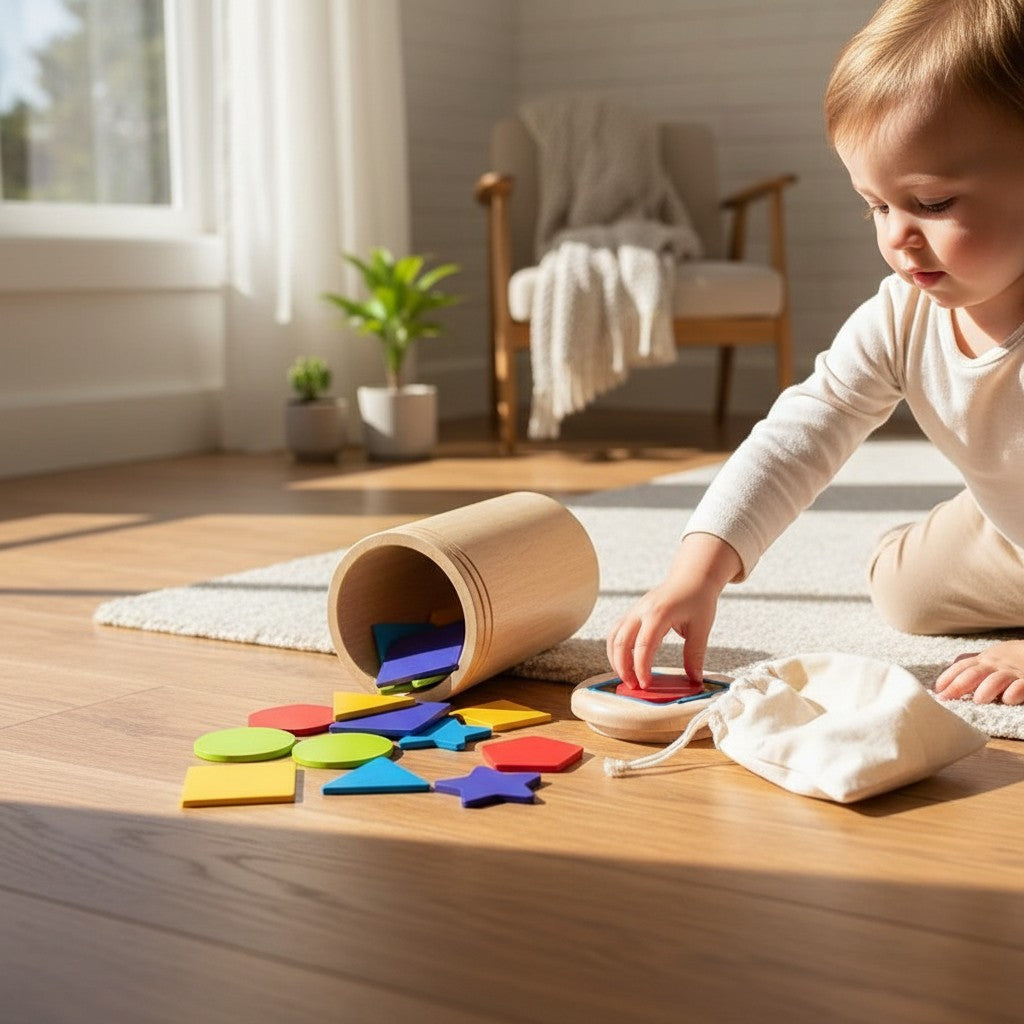 Petit Éveil Montessori : Jouet de tri des formes en bois colorées pour enfants, idéal pour développer la motricité fine et la reconnaissance des couleurs.
