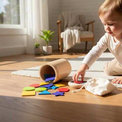 Petit Éveil Montessori : Jouet de tri des formes en bois colorées pour enfants, idéal pour développer la motricité fine et la reconnaissance des couleurs.