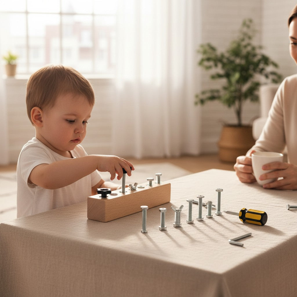 Petit Éveil Montessori jeu de visserie en bois pour enfants, jouet éducatif pour motricité fine avec tournevis et clés.