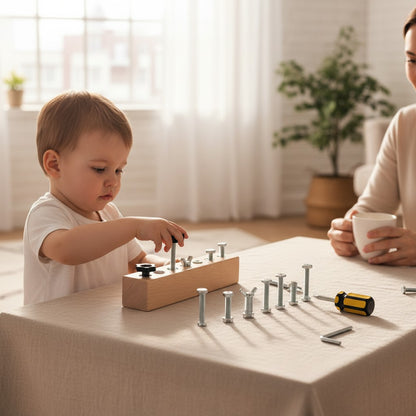 Petit Éveil Montessori jeu de visserie en bois pour enfants, jouet éducatif pour motricité fine avec tournevis et clés.