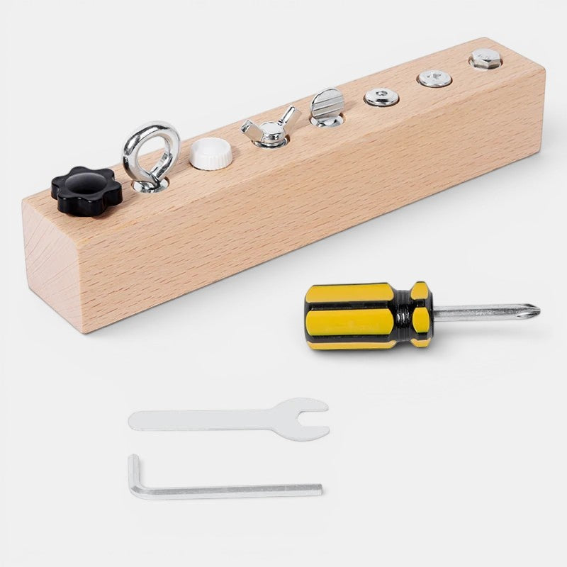 Jeu de visserie en bois Petit Éveil Montessori avec tournevis, clé et clé Allen pour développer la motricité fine.