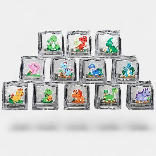 Lot de jouets de bain Petit Éveil Montessori : cubes lumineux LED avec dinosaures colorés pour stimuler l'éveil sensoriel.