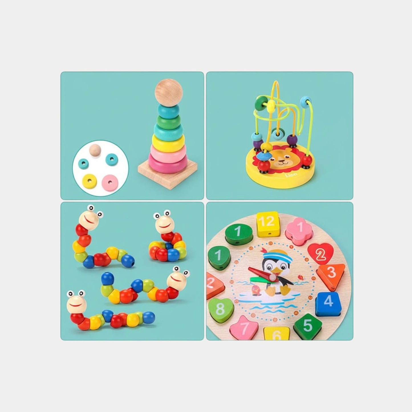 Petit Éveil Montessori : jouet éducatif multifonction en bois avec anneaux empilables, chenilles colorées et horloge.
