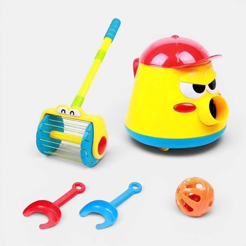 Petit Éveil Montessori : jouet émetteur de bulles jaune et rouge avec accessoires, idéal pour l'éveil des tout-petits.