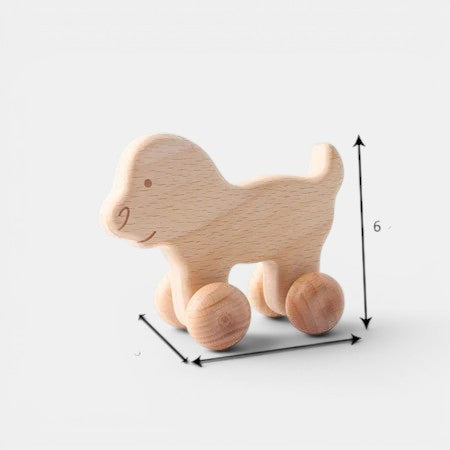 Petit Éveil Montessori - Jouet chien en bois naturel, style Montessori, avec roues pour le mouvement.