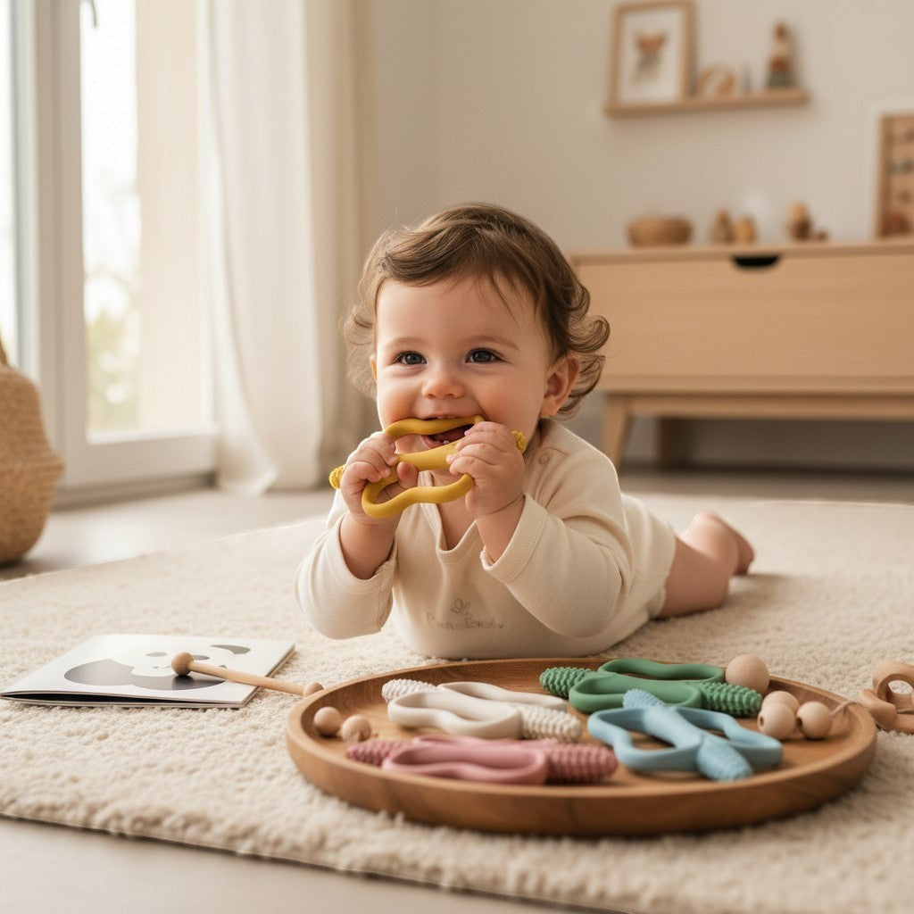 Bébé souriant mâchouillant un jouet de dentition jaune Petit Éveil Montessori. Plateau en bois avec jouets de dentition roses, blancs, bleus et verts.