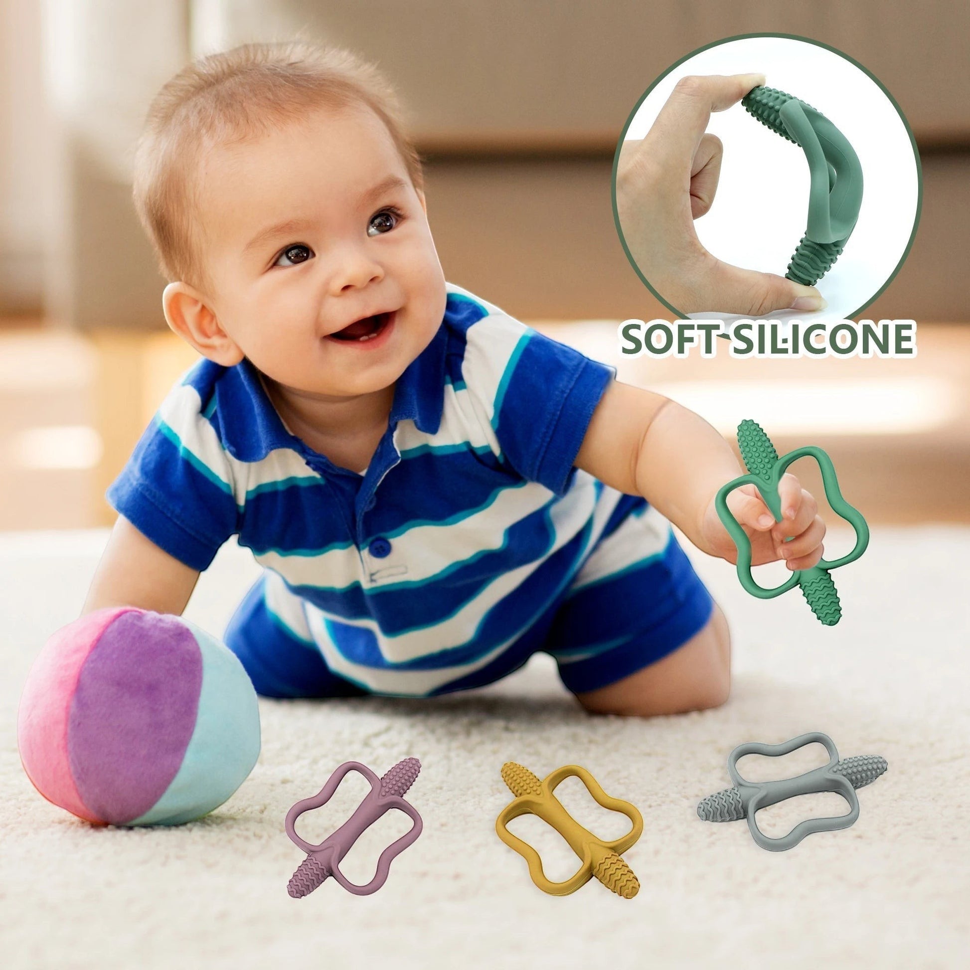 Bébé jouant avec des jouets de dentition Montessori en silicone souple, couleurs lilas, moutarde et gris.
