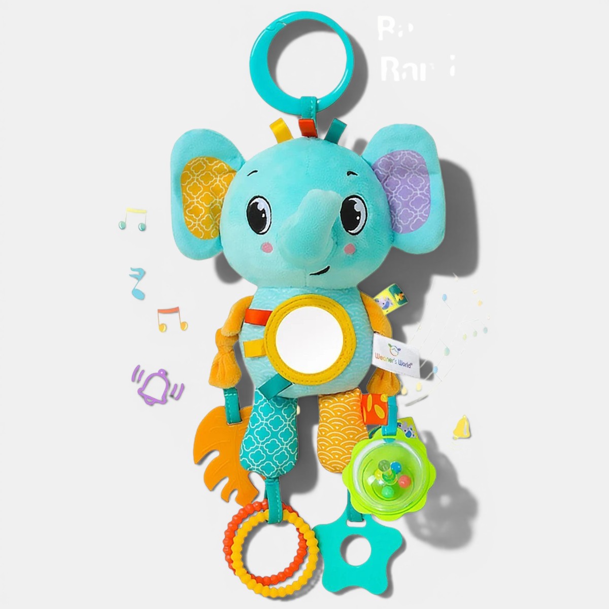 Jouet sensoriel Montessori éléphant bleu avec miroir, anneaux et hochet, idéal pour l'éveil et la motricité.