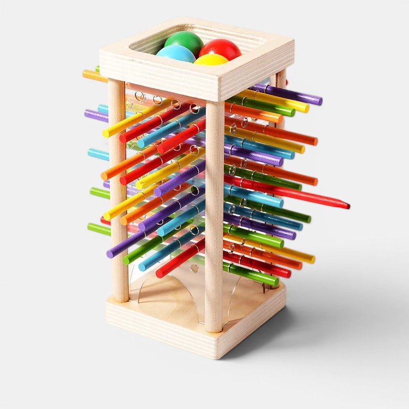 Petit Éveil Montessori, jouet en bois coloré pour l'équilibre et le comptage, avec des bâtonnets et des balles.