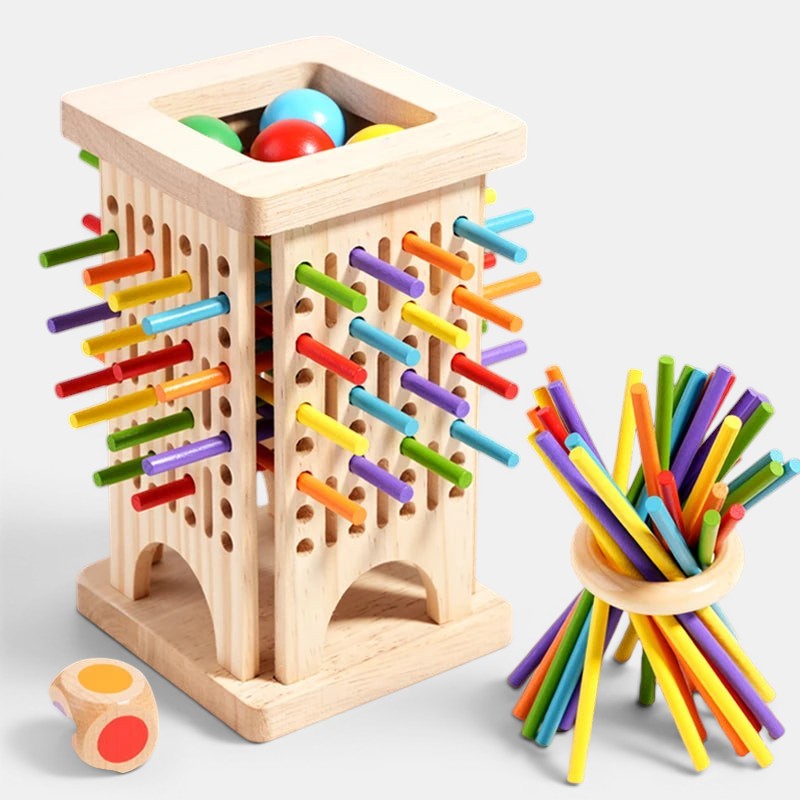 Petit Éveil Montessori jouet en bois éducatif pour l'équilibre et le comptage avec des bâtonnets colorés et des boules.
