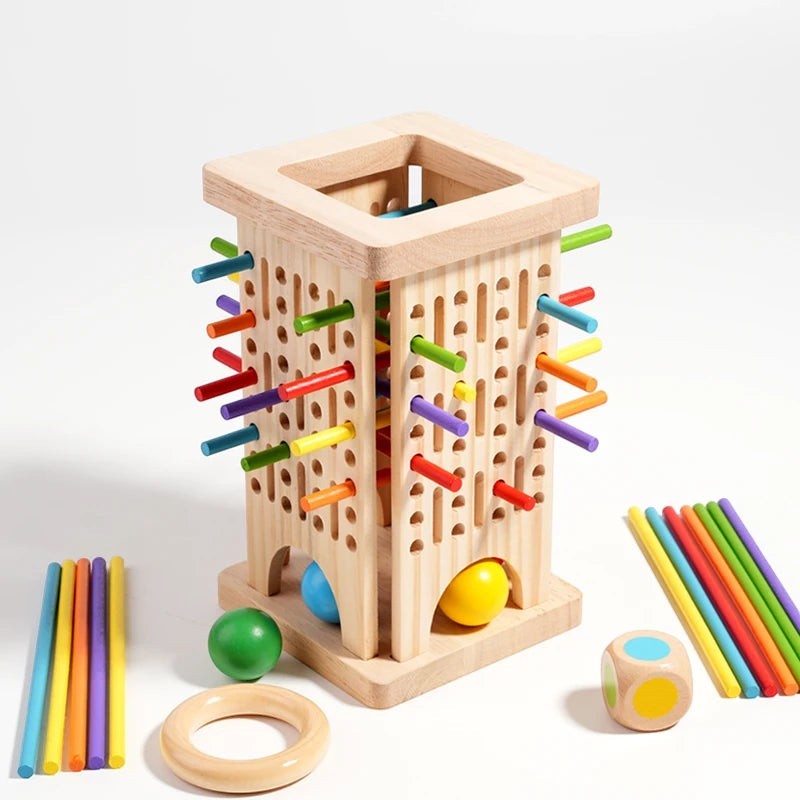 Petit Éveil Montessori, jouet en bois éducatif pour l'équilibre et le comptage, avec des bâtonnets colorés et des billes.