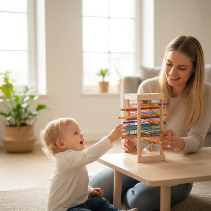Petit Éveil Montessori, jouet en bois coloré pour l'équilibre et le comptage, interactif avec un bébé et une mère.