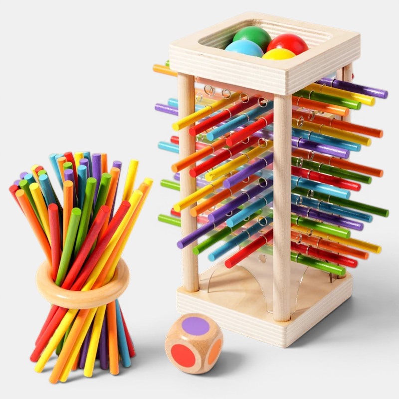 Petit Éveil Montessori, jouet en bois pour l'équilibre et le comptage, avec des bâtonnets colorés et des billes.