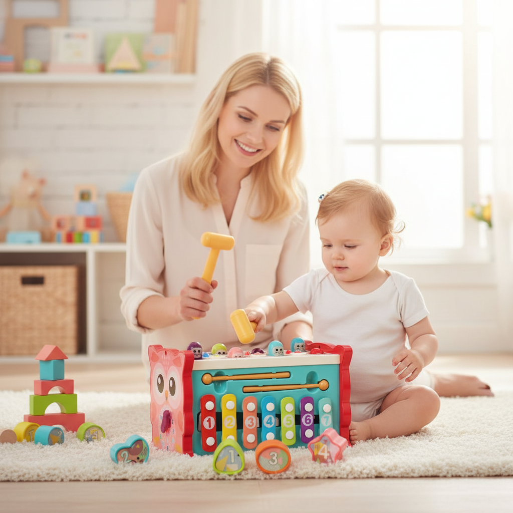 Mère et enfant jouant avec le hibou de pêche Petit Éveil Montessori en bois coloré sur un tapis dans une chambre