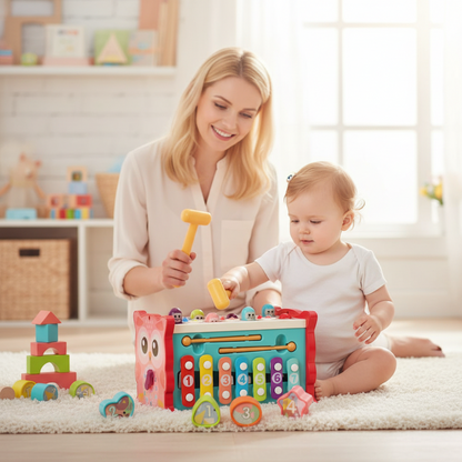 Mère et enfant jouant avec le hibou de pêche Petit Éveil Montessori en bois coloré sur un tapis dans une chambre