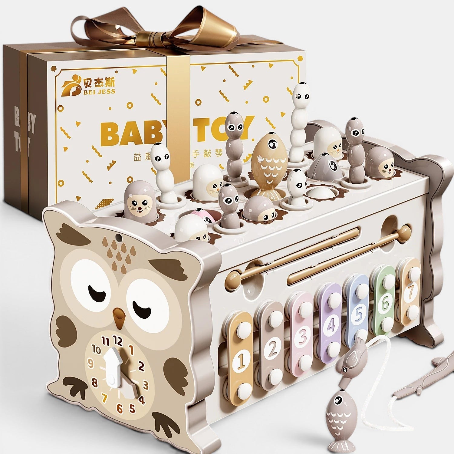 Jouet sensoriel hibou Petit Éveil Montessori avec horloge, xylophone et jeu d'empilage d'animaux magnétiques.