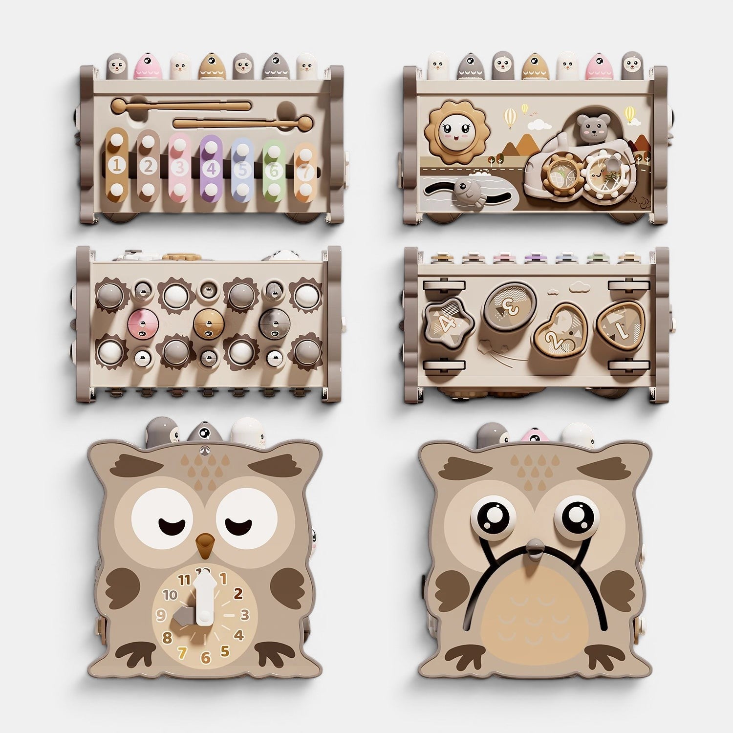 Petit Éveil Montessori : jouet sensoriel hibou avec horloge, xylophone, engrenages et formes à encastrer pour bébé.